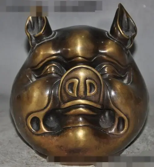 

S02116 7" China Pure Bronze Fengshui Lucky Animal happy pig Swine Head statue Sculpture B0403