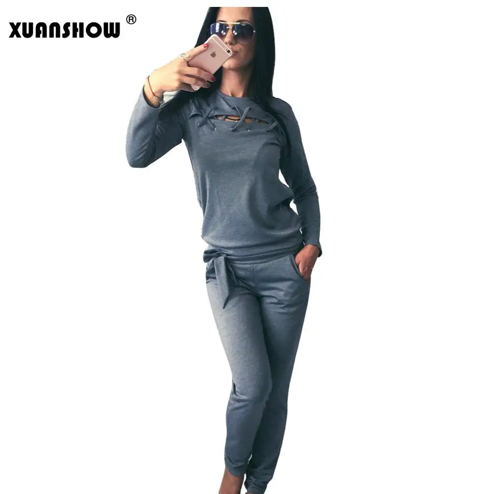 

XUANSHOW Womens Tracksuit Sportswear Sexy Hollow Out Hole Long Sleeve Female Suits Sweatshirt and Sweatpants 2 Piece Set Women