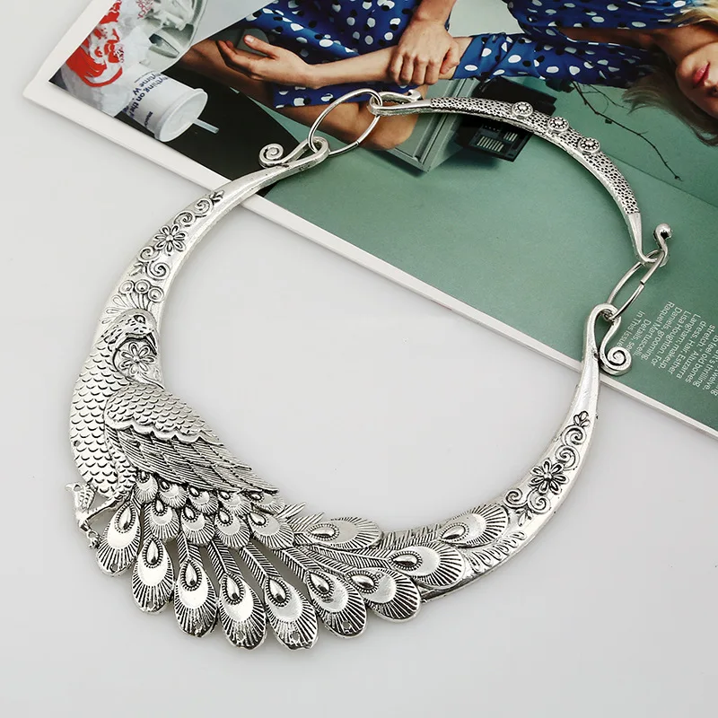 Модное серебряное винтажное ожерелье-чокер с павлином, длинное этническое ожерелье, Женские Ювелирные изделия