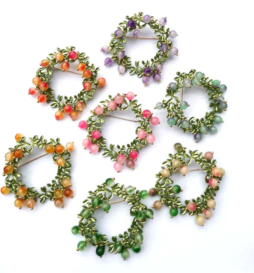 

CSxjd Vintage Painted Leaf Fruits Wreath Colored multicolor stones Brooch Flower Women charm Vintage brooch Jewelry