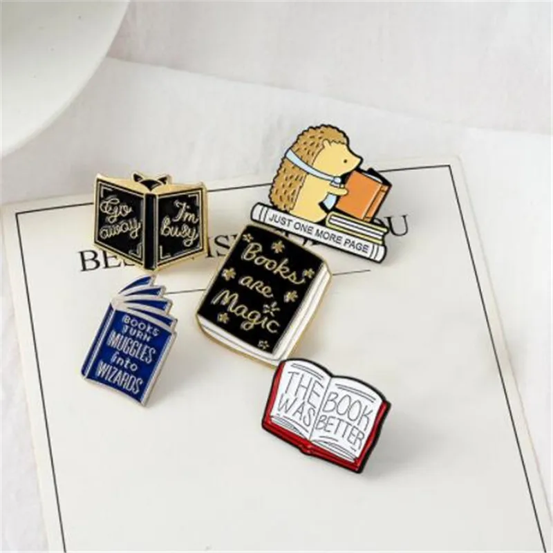 

WKOUD Books Are Magic The Book Was Better Just one more page Enamel Pin Hedgehog Book Pin Cartoon series badge Literature lovers