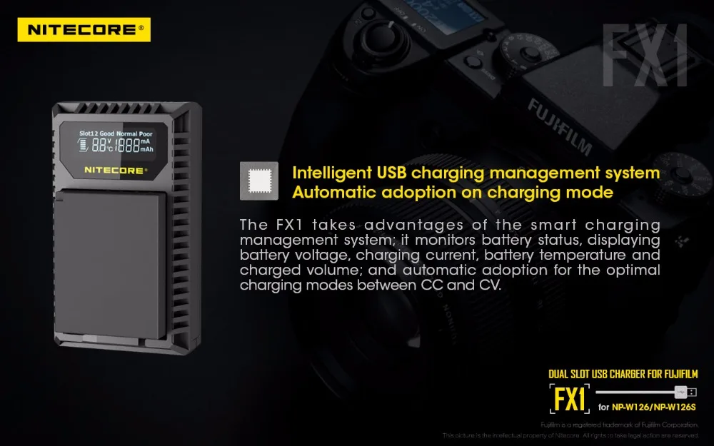 Nitecore FX1 двойной слот USB Зарядное устройство для ЖК-дисплея с подсветкой Fujifilm NP-W126 NP-W126S Камера Батарея X-Pro1 X-T1 XE1 XE2 XA1 XA2 XM1 HS30 X-T2 X-E2S