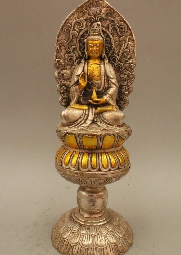 

11" Chinese Buddhiam Silver Gild Seast Kwan-yin Guan Yin Boddhisattva Statue