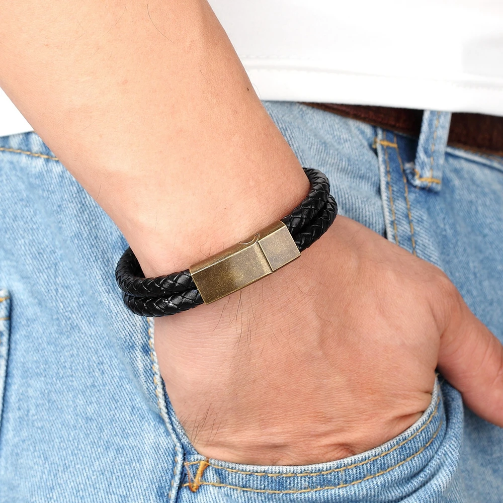 XQNI Vintage Red Genuine Leather Men Women Series Luxurious Jewelry Double Layer Charm Bracelet Magnetic Buckle Accessories Part