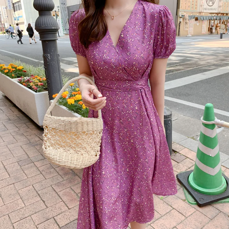 

Elegant Floral Print Chiffon Women Dress Wrap V neck High Waist Summer Dresses Sexy Lace Up Purple Midi Casual Female Vestidos