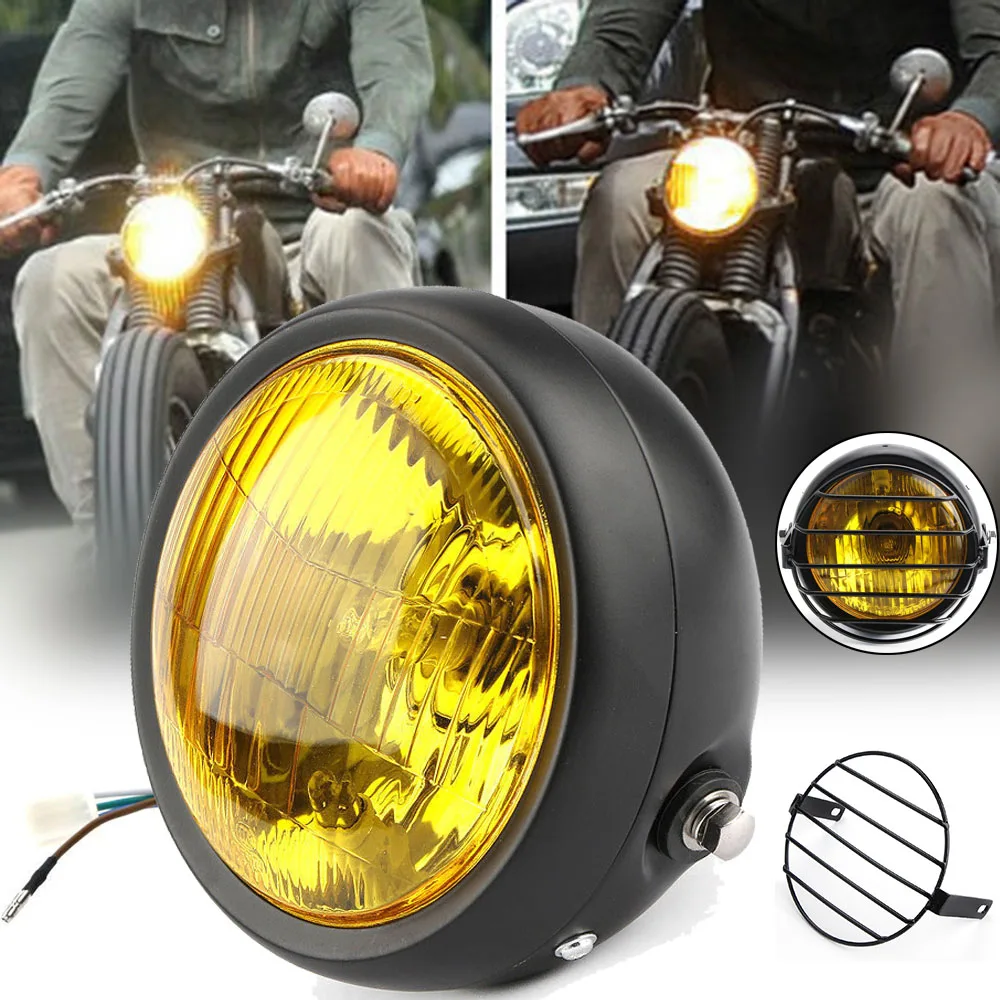 6.5" Black Retro Motorcycle LED Headlight+Grill Cover Set Grill Motorbike Cafe Racer Head Lamp Cover For Cafe Racer