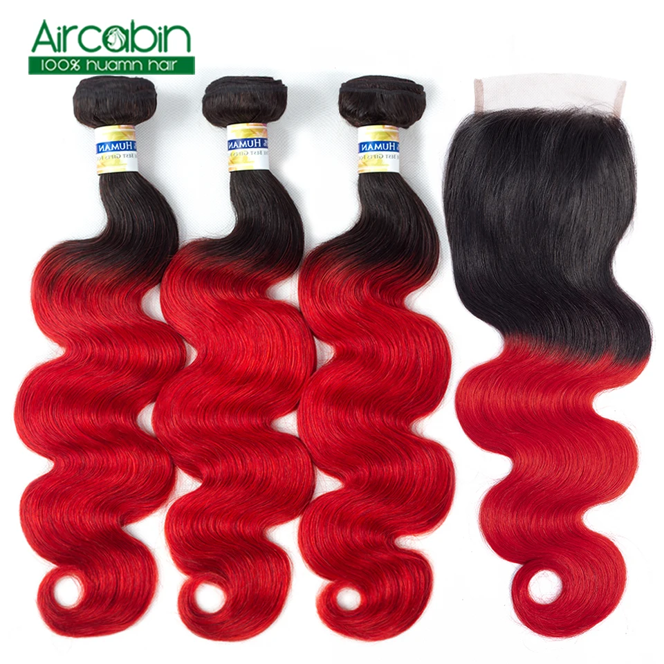 

T1B Red Body Wave Bundles With Closure Brazilian Hair Weave Bundles Brazilian Body Wave Human Hair Extensions Non-Remy