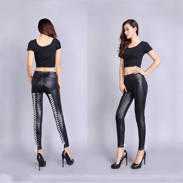 Women Hot Sexy Lingerie Latex Leggings Leather Pants Fishnet Black.