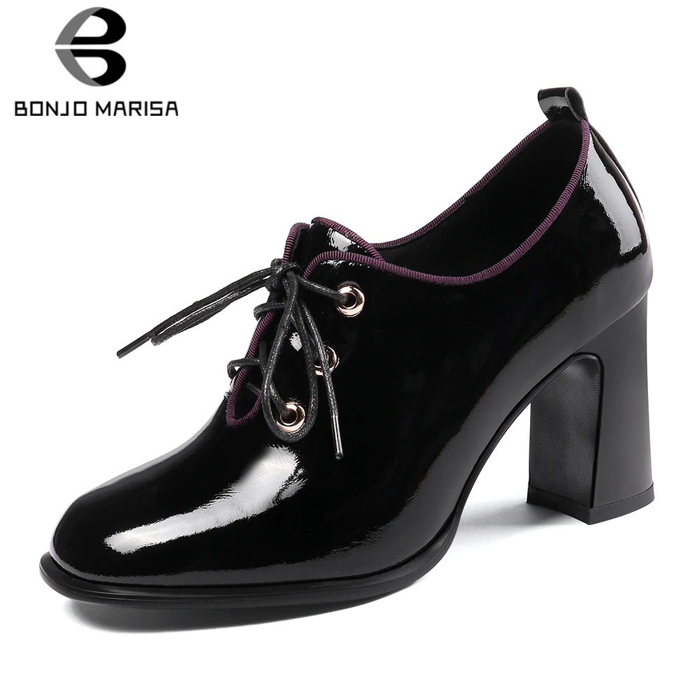 

BONJOMARISA New Arrivals 2019 Square Toe Office Lady Pumps Woman Shoes Lace Up Chunky High Heels Black Shoes Woman Pumps Female