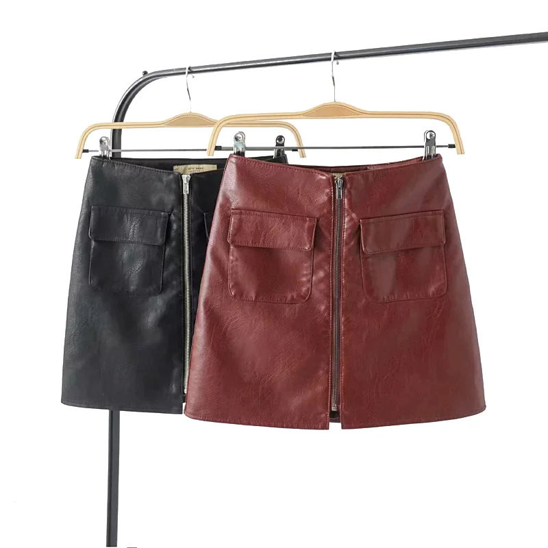 

PU Leather Women Mini Pencil Skirts 2019 Office Ladies Black-Burgundy Skirt Pocket Front Zippers Girls Cool jupe femme clothes