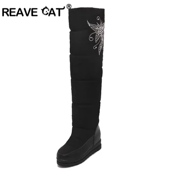 

REAVE CAT Warm Snow Boots Female Over-The-Knee Boots Woman Pu+Down Platform Shoes Femme Print Flower Wearable footwear A212