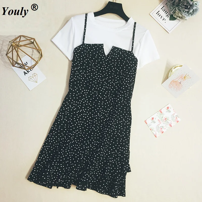 Женский повседневный летний костюм с топом и платьем, свободный черный костюм с принтом в горошек в стиле пэчворк, женское платье трапециевидной формы, милый стиль