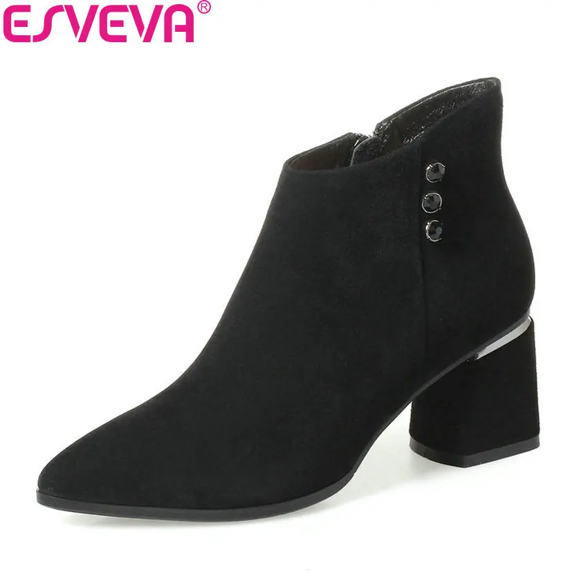 

ESVEVA 2018 Women Boots Spring Autumn Shoes Buckle Ankle Boots Real Leather + PU Square Heel Fashion Ladies Boots Size 34-39