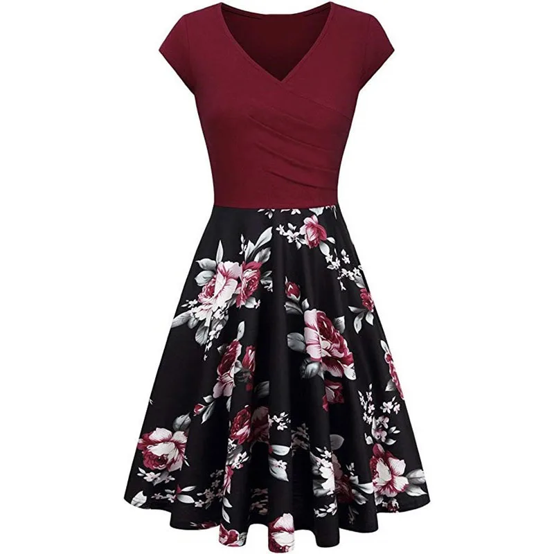 

2019 New Spring Dress Women Vintage Floral Print Slim Dress Sexy V Neck Short Sleeve A Line Dresses Plus Size 3XL Vestidos Red