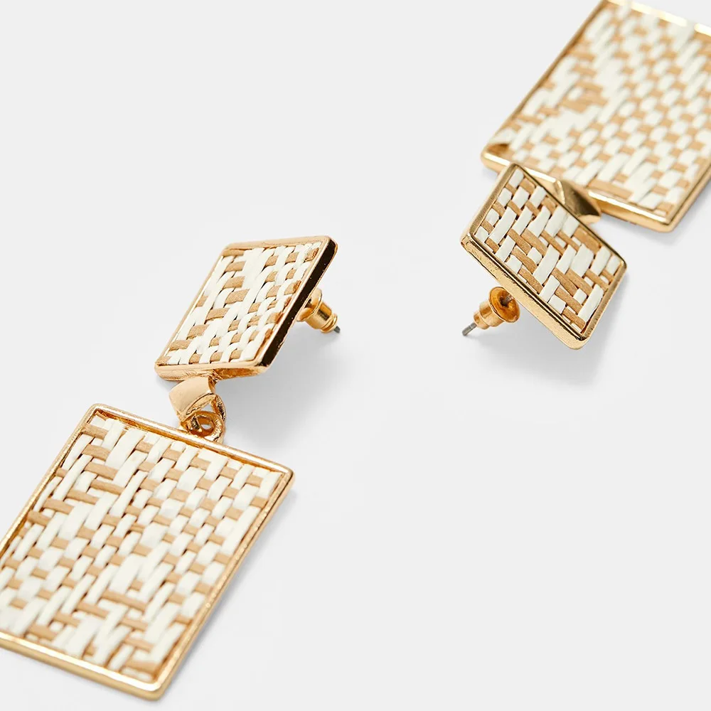 

2019 New Summer Style Long Earrings Korean Handmade Gifts Shelves Exaggerated Geometric Rectangle Rattan Woven Wooden Jewelry