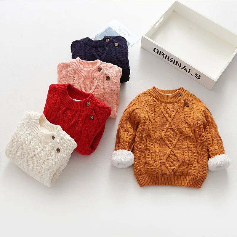 Зимний свитер для маленьких девочек, зимняя одежда, толстый теплый флисовый пуловер, детские вязаные рубашки для мальчиков, хлопковые топы с длинными рукавами для детей 1, 2, 3 лет