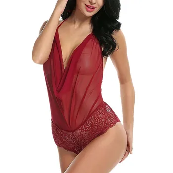 

Women Transparent Lace Underwear Lingerie Sleepwear Sexy Deep V-Neck Bodysuits Halter Backless Sexy Lingerie