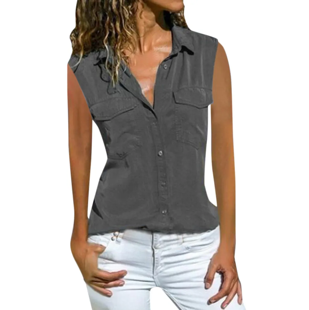 

9 Colors Women's Casual Solid Gray Sleeveless Turn Down Collar Pocket Button Front T-Shirt Tops Female Ladies Summer Shirts Tees