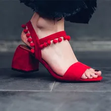Summer Gladiator Sandals Women sexy red chunky heels Shoes High Heels 6CM Pom Pom Sandals Women Open Toe Denim Sandals Women newest cut outs silver pom pom high heel shoes gladiator sandals women ankle strap stiletto heels summer woman sandals shoes
