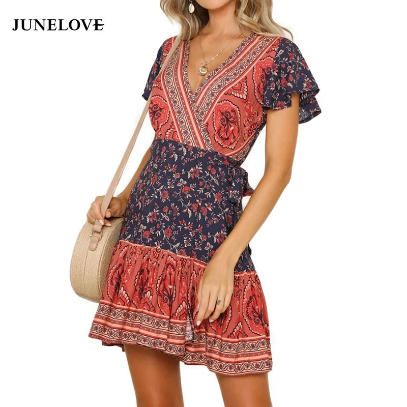 Женское мини платье с цветочным принтом JuneLove винтажное богемное пляжное V