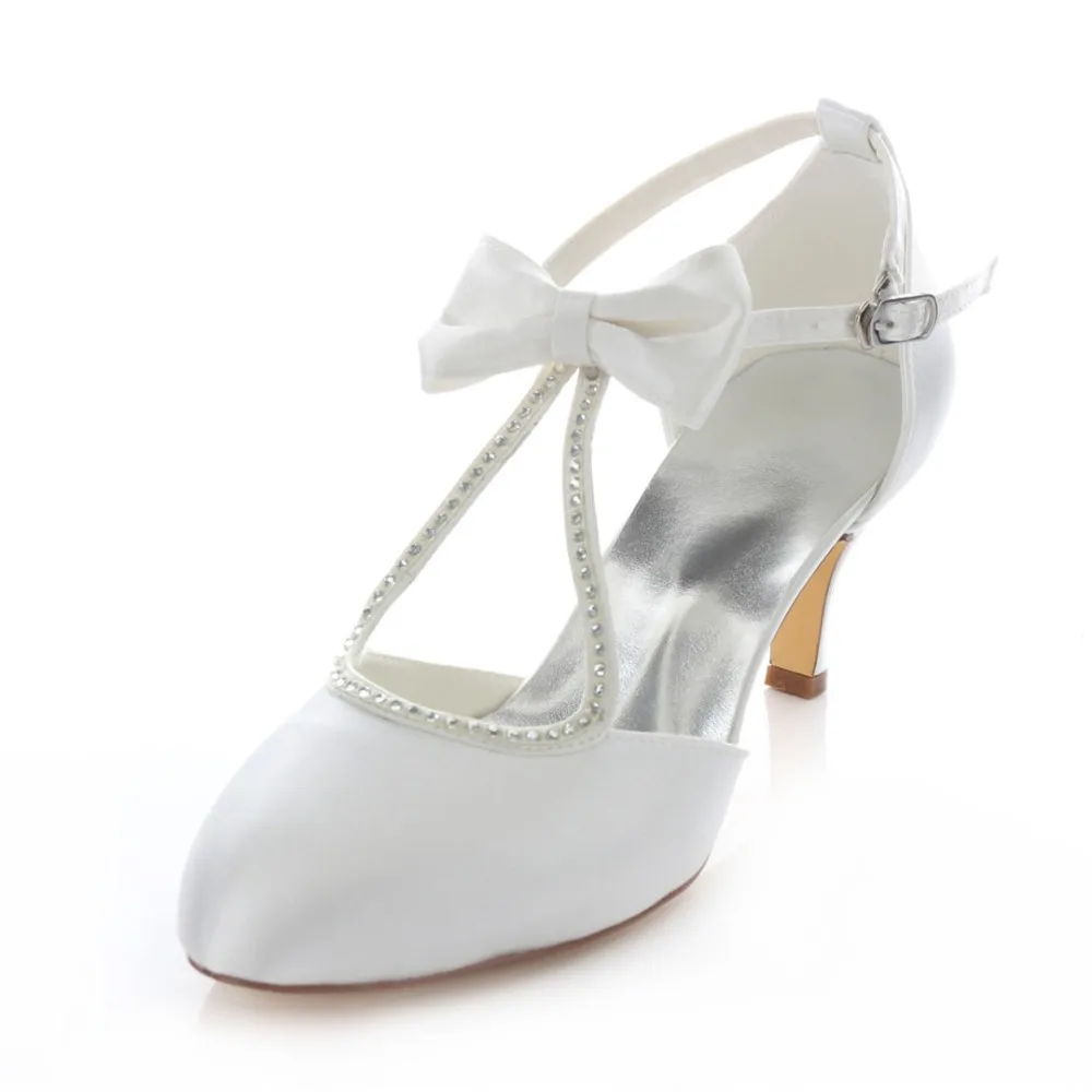 

ivory white t strap crystal satin wedding party bridal bridesmaid's shoes 2.5inhces mid heels anklet bridal pumps 3780-6 ZHL