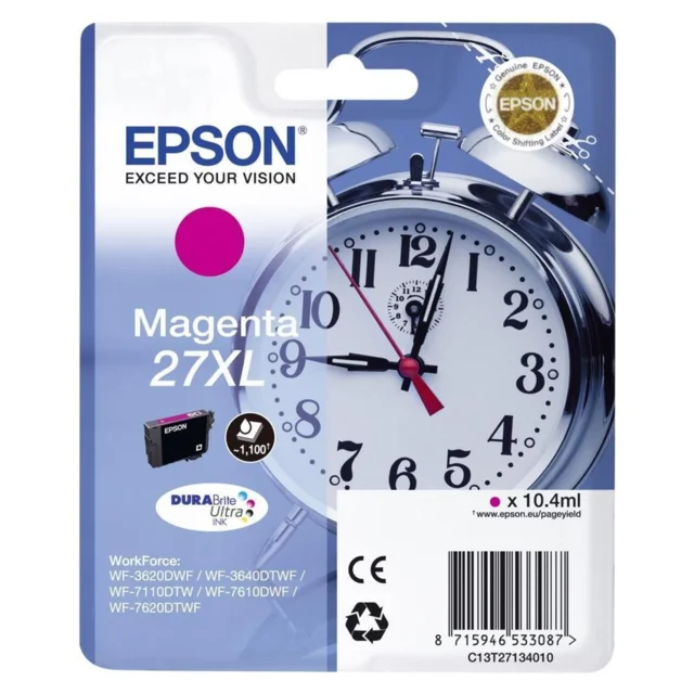 

Epson Singlepack Magenta 27XL DURABrite Ultra Ink, Magenta, Epson, WF-3620DWF, WF-3640DTWF, WF-7110DTW, WF-7610DWF, WF-7620DTWF,