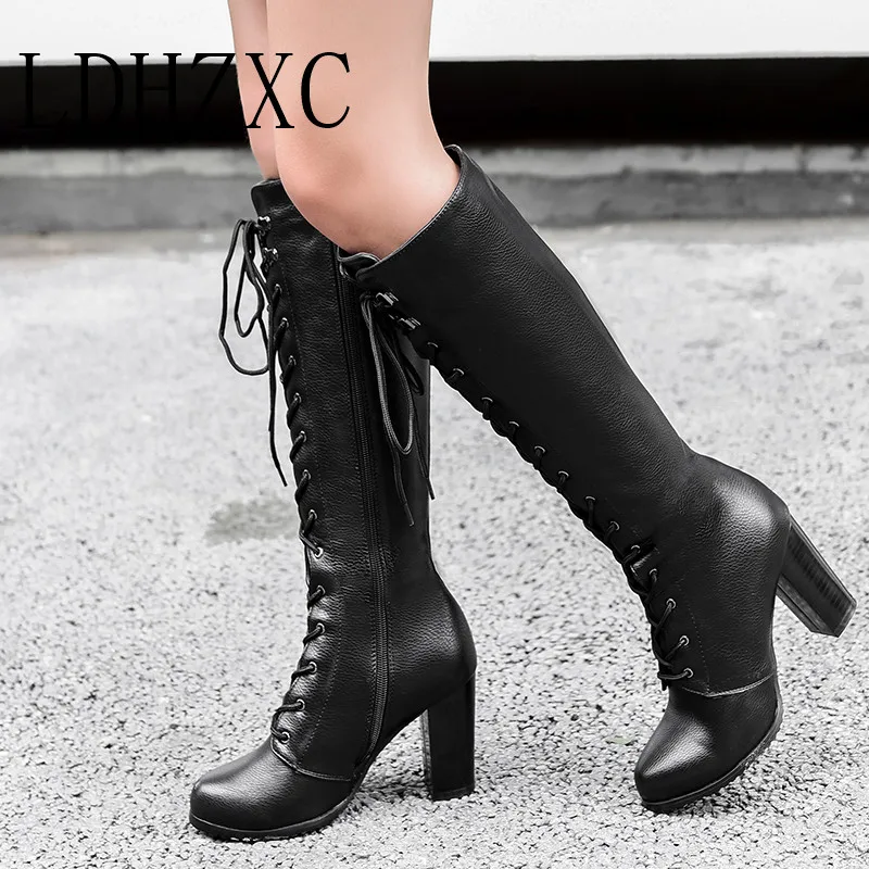 

LDHZXC 2019 Fashion High Heels Women Knee High Boots Pu Leather Office Ladies Dress Shoes WINTER Boots Woman Big Size 34-43