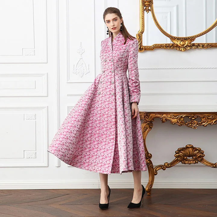 VOA розовое длинное шелковое платье с высокой талией для подиума, тонкое толстое женское платье размера плюс, туника, Тренч, платье с двойными кристаллами, одежда A108
