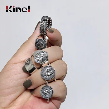 

Kinel 6 Different Styles Fashion 925 Sterling Silver Beauty Head Coin Rings For Women Adjustable Finger Ring Vintage Jewelry