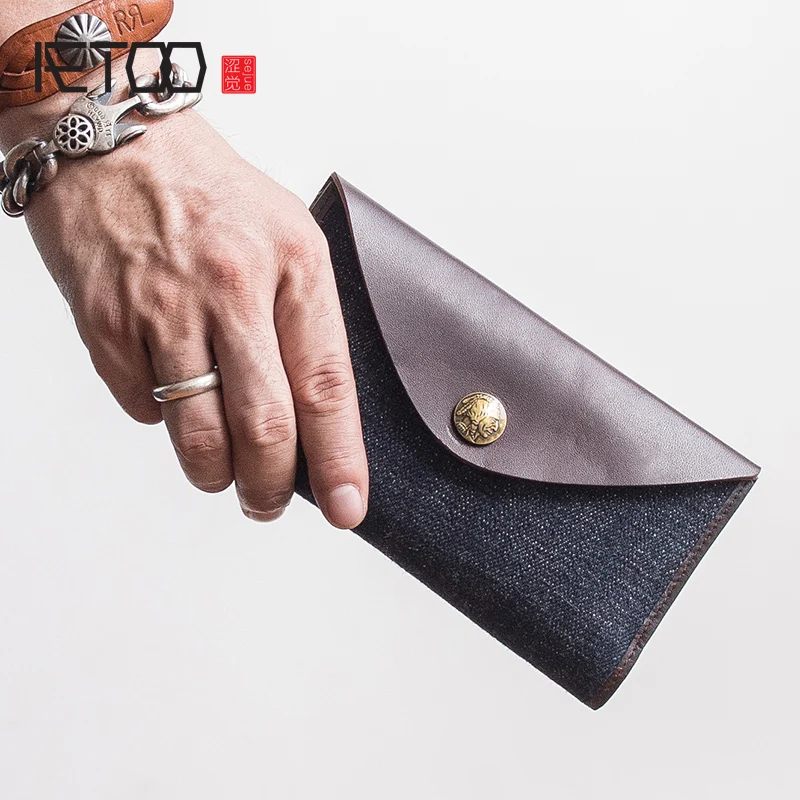 

BJYL Denim stitching cowhide Wallet Men's long retro money clip can put a driver's license