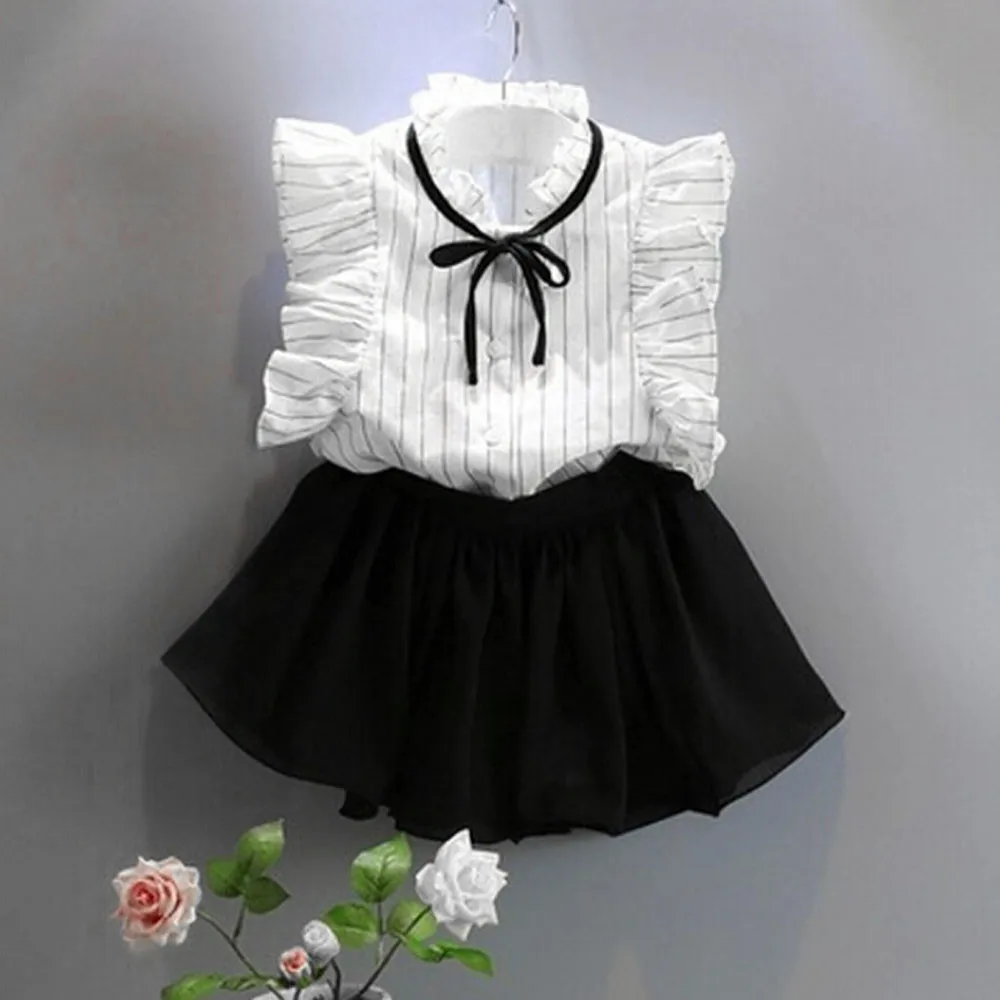 

Ruffle Sleeve Summer Children Infant Toddler Girls Stripe Shirt Chiffon Culottes Two Pieces Set Bow Clothes Skirt GIrl Clothing