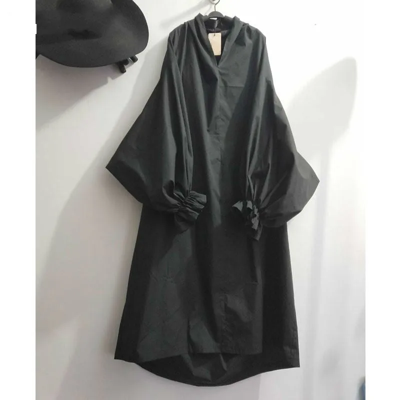 

Women Dresses V Neck Puff Sleeve Shirt Dress Super Loose Long Gown Black Plus Size Dress Womens Casual Wear Spring 2019 V979