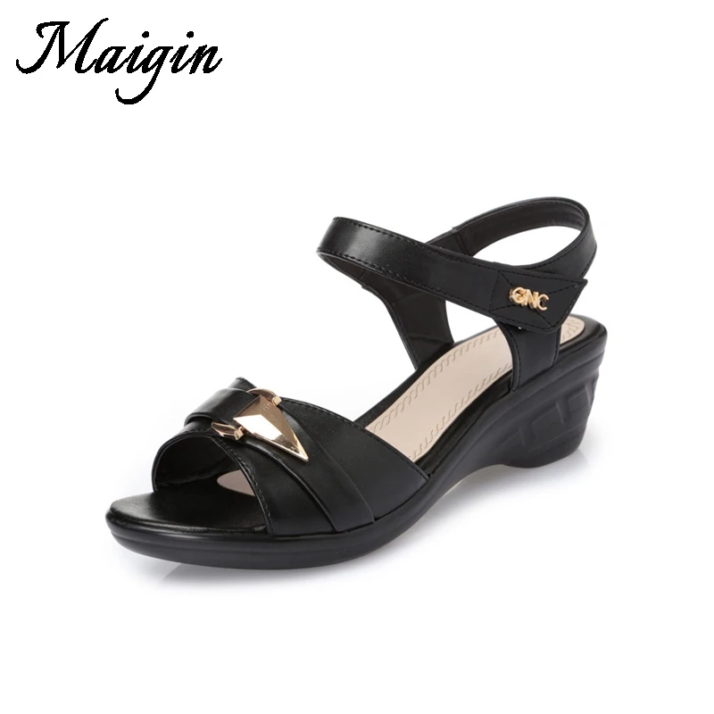 Maigin Big Size 10 Genuine Leather Sandals Women 2018 New Peep Toe Wedges Shoes for Women Cow Leather Sandals Summer Shoes
