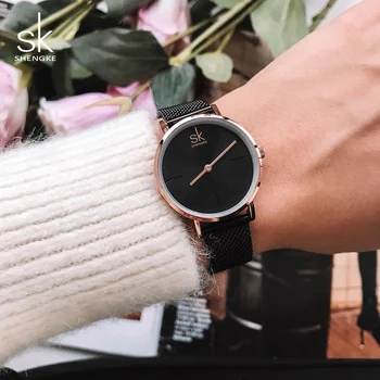 Shengke Black Watches Women Brand Luxury Stainless Steel Quartz Watch Reloj Mujer 2019 SK Ladies Wrist Watch Montre Femme melissa brand new women sunflower watches luxury crystals dress wrist watch real leather quartz watch natural shell montre femme