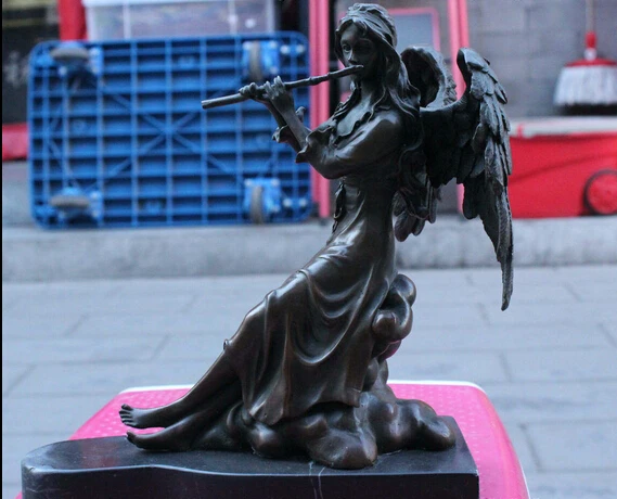 

free Bronze Copper western art Fly angel belle pipe Statue Marble Base fast