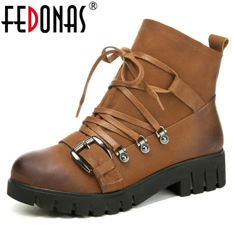 

FEDONAS Fashion Punk Round Toe Square Heels Women Ankle Boots Classic Western Shoes Woman 2019 New Genuine Leather Party Shoes