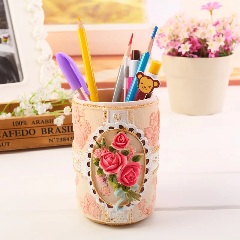 Cool Korean Style Retro Resin Rose Flower Pencil Holder School Office