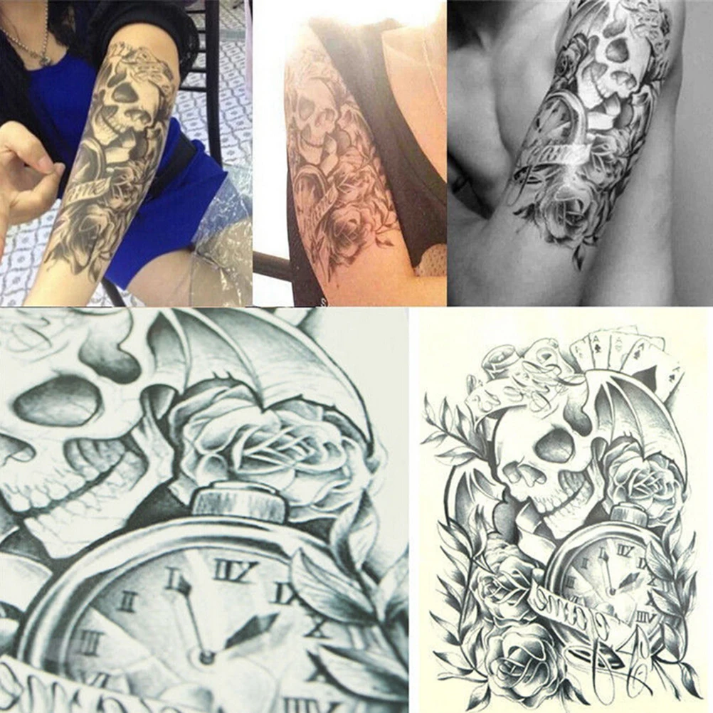 126 31 De Réductionpour Hommes Femmes 1 Pièces Corps Bras Manche Adhésif Faux Tatouage Ancienne Horloge Mort Crâne Punk Rose Temporaire Tatouage