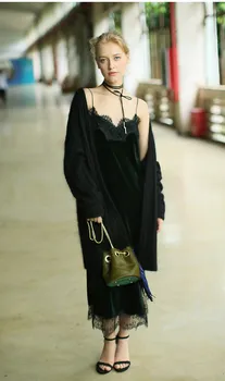 

Autumn and winter long dress woman velvet suspender dress all match slim long lace bottoming slip dress pleuche dress female