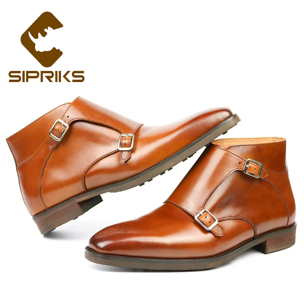 

Sipriks Mens Tan Leather Double Monk Strap Boots Square Toe Martin Boots Cow Leather Black Dress Boots Europan Male Wedding Shoe