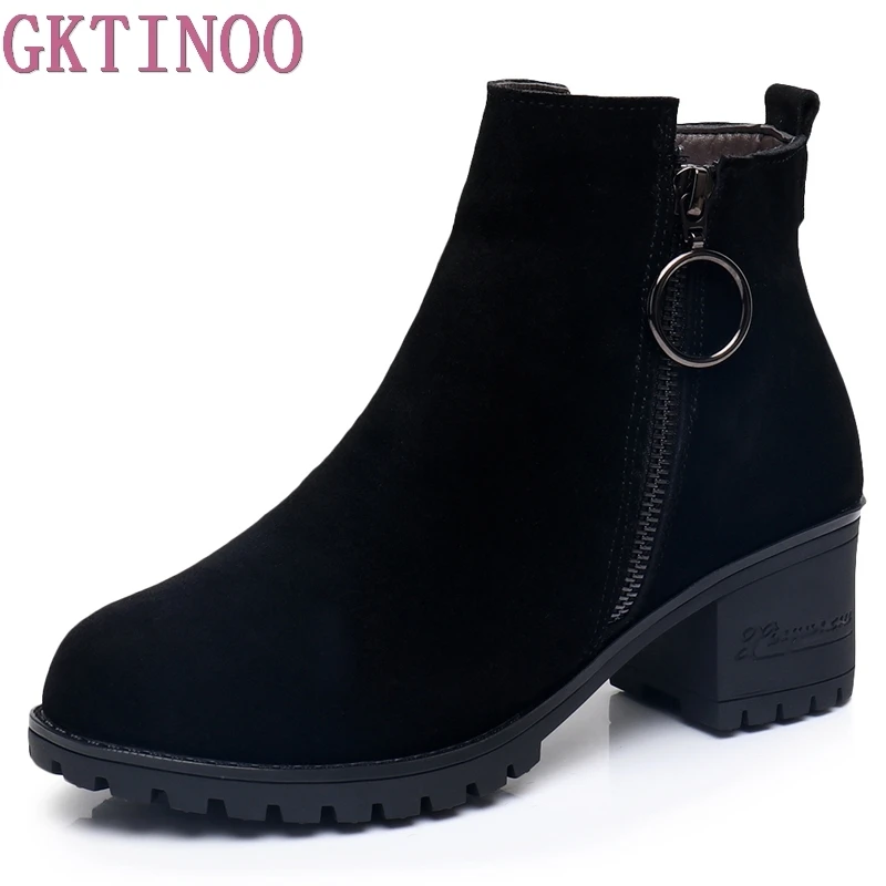 Black Femmes Vache Bout Taille En Daim Véritable Dames Femme Cheville Automne Fur Chaussures Thick 43 Bottes forme Rond Gktinoo Thin Plate D'hiver 34 Fur With Cuir black RqwRd