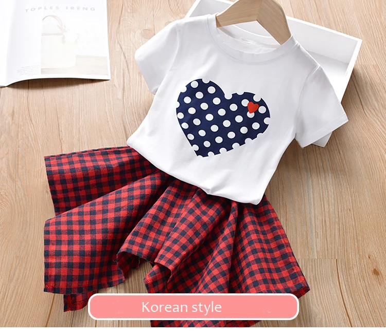 Humor Bear/Коллекция года, новые летние комплекты одежды для девочек Футболка с сердечком в Корейском стиле+ клетчатая юбка комплект из 2 предметов, одежда для маленьких девочек