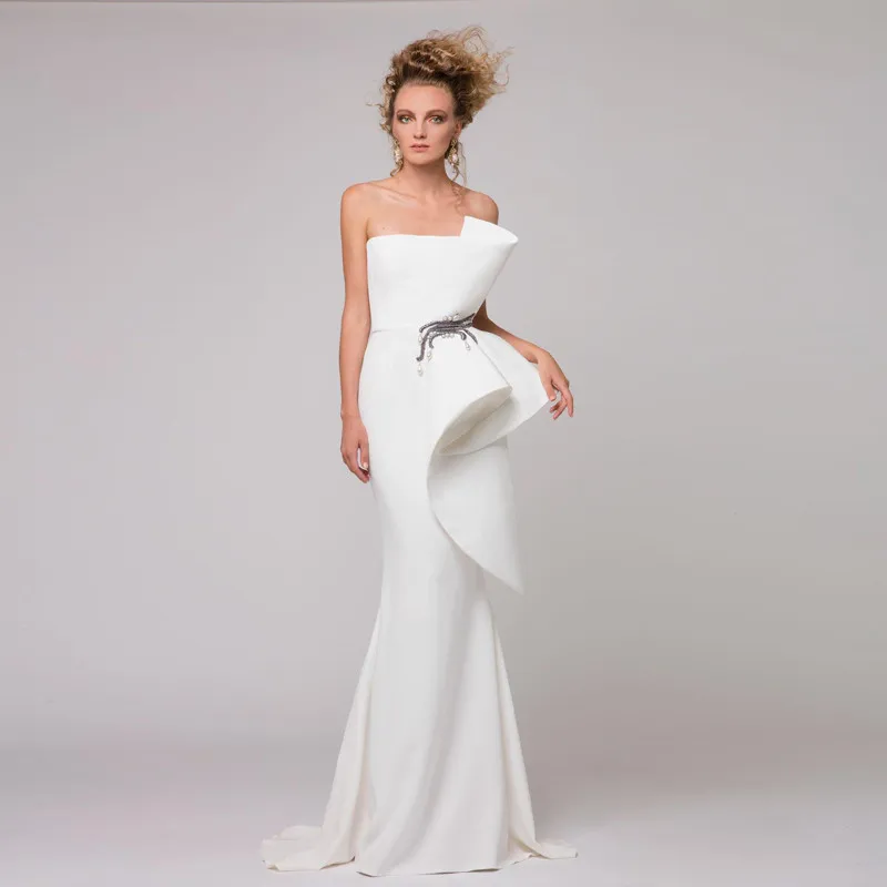 Элитные европейские модные платья, шикарная Русалка, вечерние платья, фирменный дизайн, с рюшами, с баской, торжественное платье, vestido de festa longo - Цвет: Белый