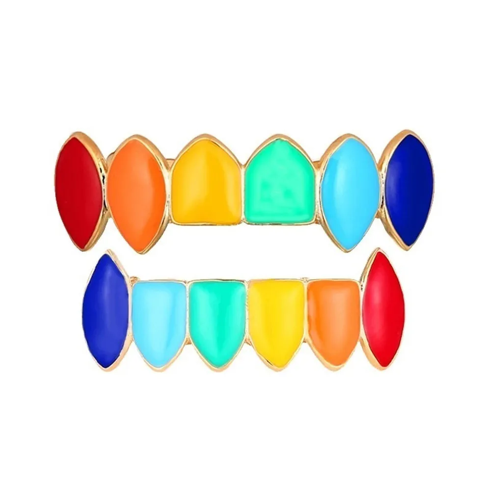 Hip Hop Gold Rainbow Teeth Grillz Top&Bottom Colorful Grills Dental Halloween Vampire Teeth Hip