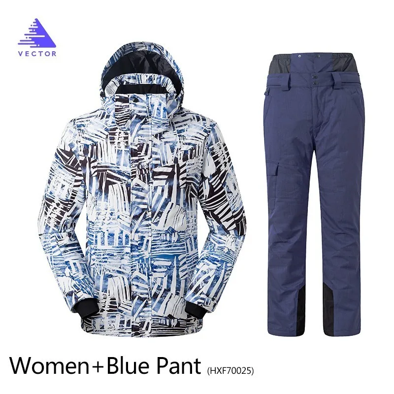 Зимняя Лыжная куртка, плотное теплое пальто для женщин и мужчин, одежда для пар, кемпинг, сноуборд, Лыжный спорт, уличная водонепроницаемая - Цвет: Women Blue set