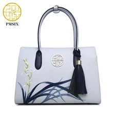Pmsix 2017 nuevas mujeres del diseñador bolsos de cuero partido bordado borla monederos y bolsos de luz azul de las señoras bolsa de asas p120053