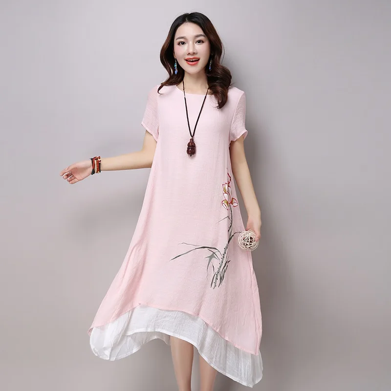 Хлопковое льняное винтажное платье с цветочным принтом размера плюс, женское повседневное Свободное длинное летнее платье, элегантная одежда vestidos, платья одежда для женщин юбки женские сарафан женский летний - Цвет: Розовый