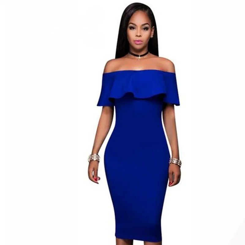 

Women Vintage Slash Neck Ruffles Bodycon Dress Sexy Royal Blue Club Wear Sleeveless Slit Knee Length Midi Dresses Vestido Festa