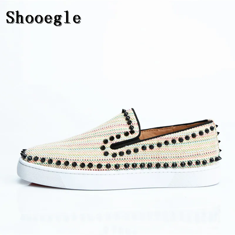 SHOOEGLE Men Rivet Flat Canvas Slip on Sneakers Spike Shoes Low Top ...