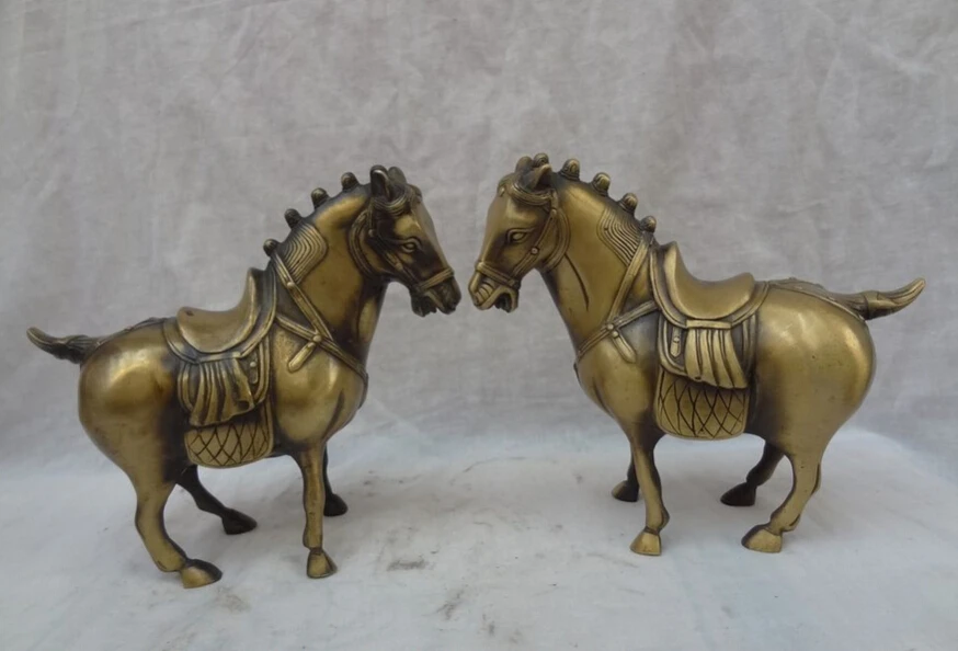 

S2527 8" Chinese Bronze Carved Year Zodiac Running Tang Horse Statue Animals Pair D0318